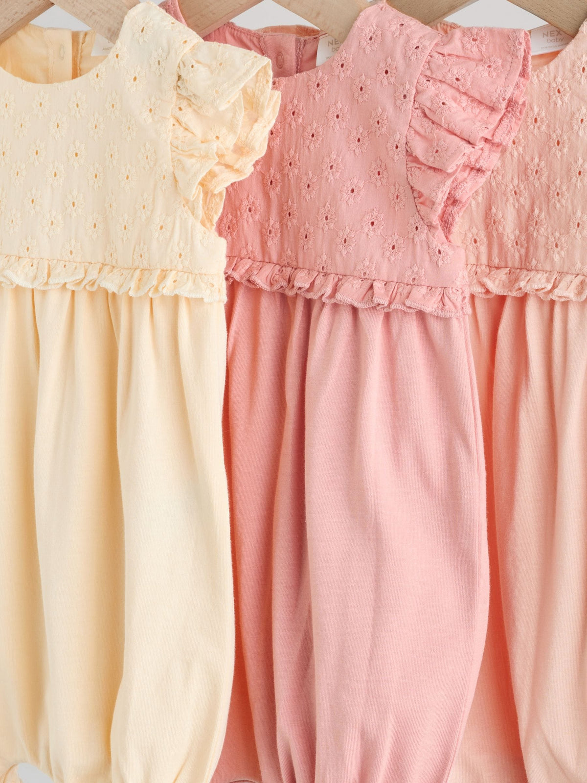 Tonal Pink Broderie 3 Pack Baby Rompers