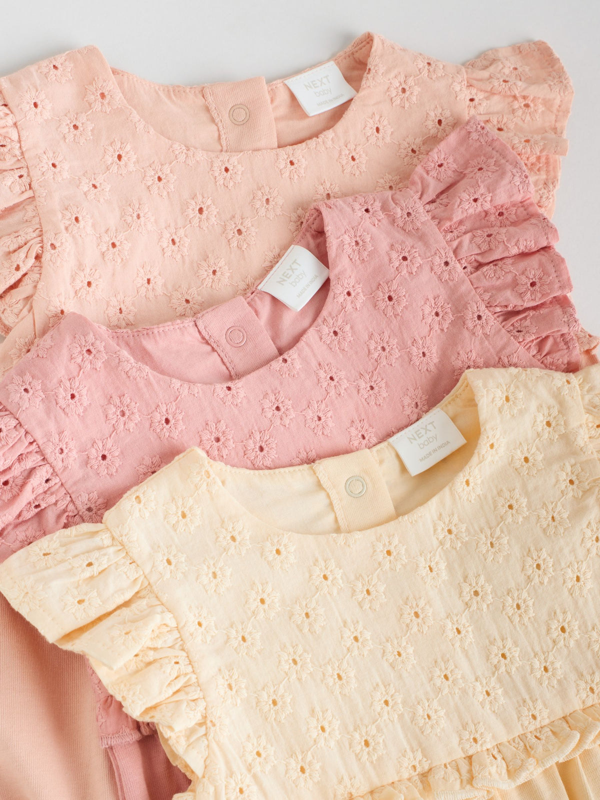 Tonal Pink Broderie 3 Pack Baby Rompers