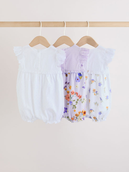 Purple and White Floral Broderie Broderie 3 Pack Baby Rompers