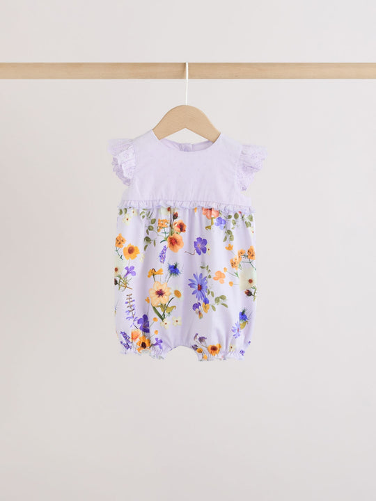 Purple and White Floral Broderie Broderie 3 Pack Baby Rompers