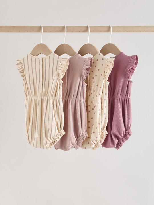 Pink Tonal Spot and Stripe Frill Shoulder Baby Rompers 4 Pack