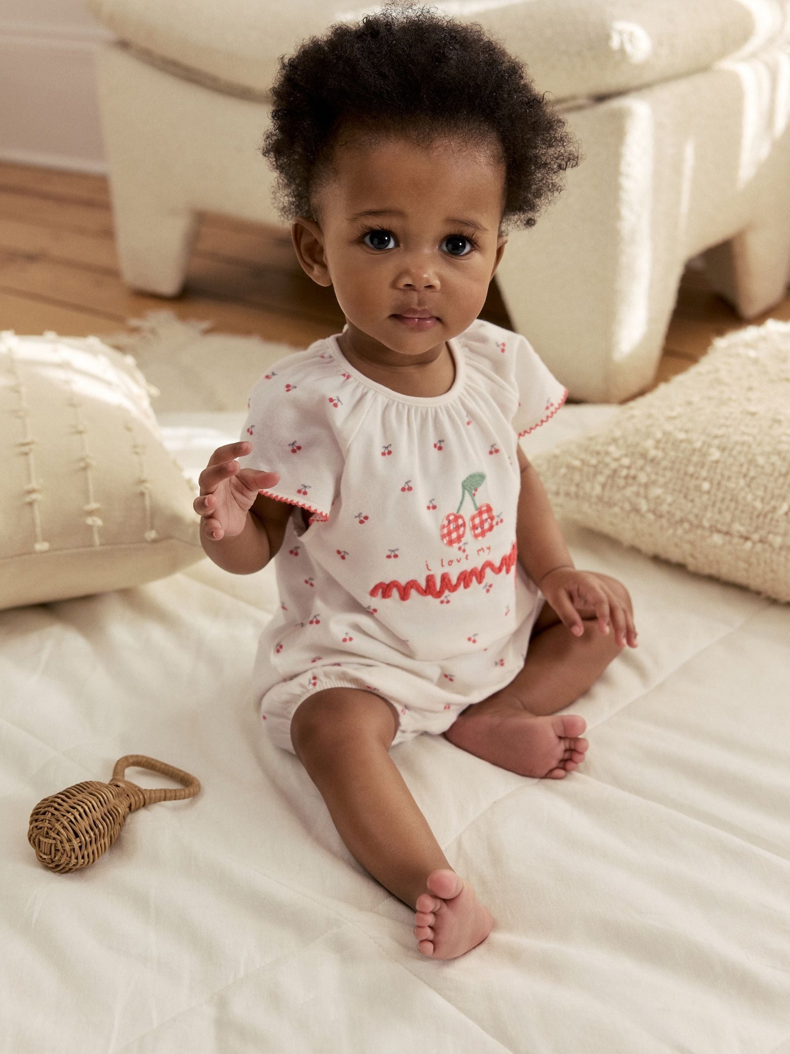 White Cherry Embroidered I love my Mummy Jersey Baby Romper immediate