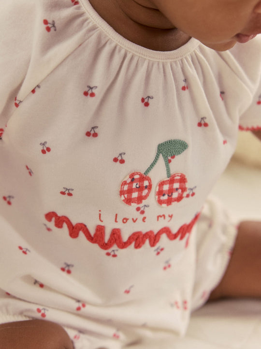 White Cherry Embroidered I love my Mummy Jersey Baby Romper