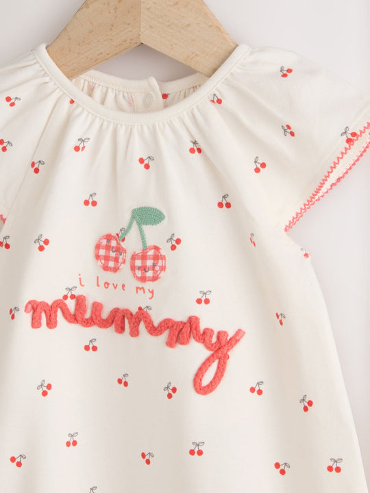 White Cherry Embroidered I love my Mummy Jersey Baby Romper
