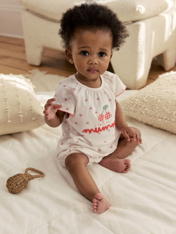 White Cherry Embroidered I love my Mummy Jersey Baby Romper