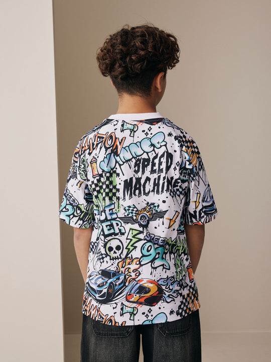 White Racing Graffit Short Sleeve Graphic T-Shirt (3-16yrs)