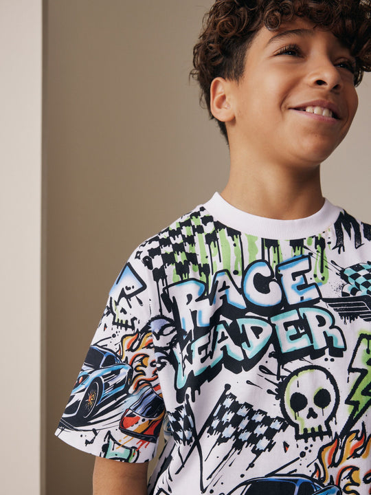 White Racing Graffit Short Sleeve Graphic T-Shirt (3-16yrs)