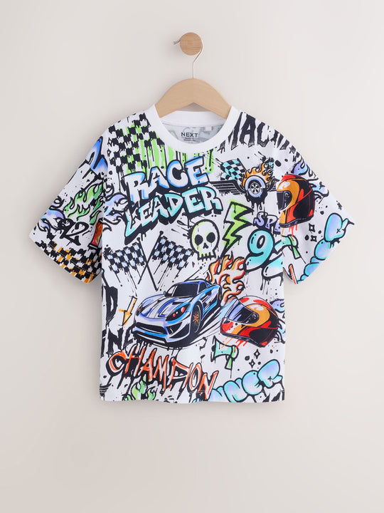 White Racing Graffit Short Sleeve Graphic T-Shirt (3-16yrs)