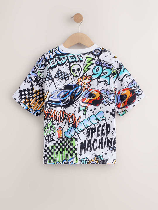 White Racing Graffit Short Sleeve Graphic T-Shirt (3-16yrs)