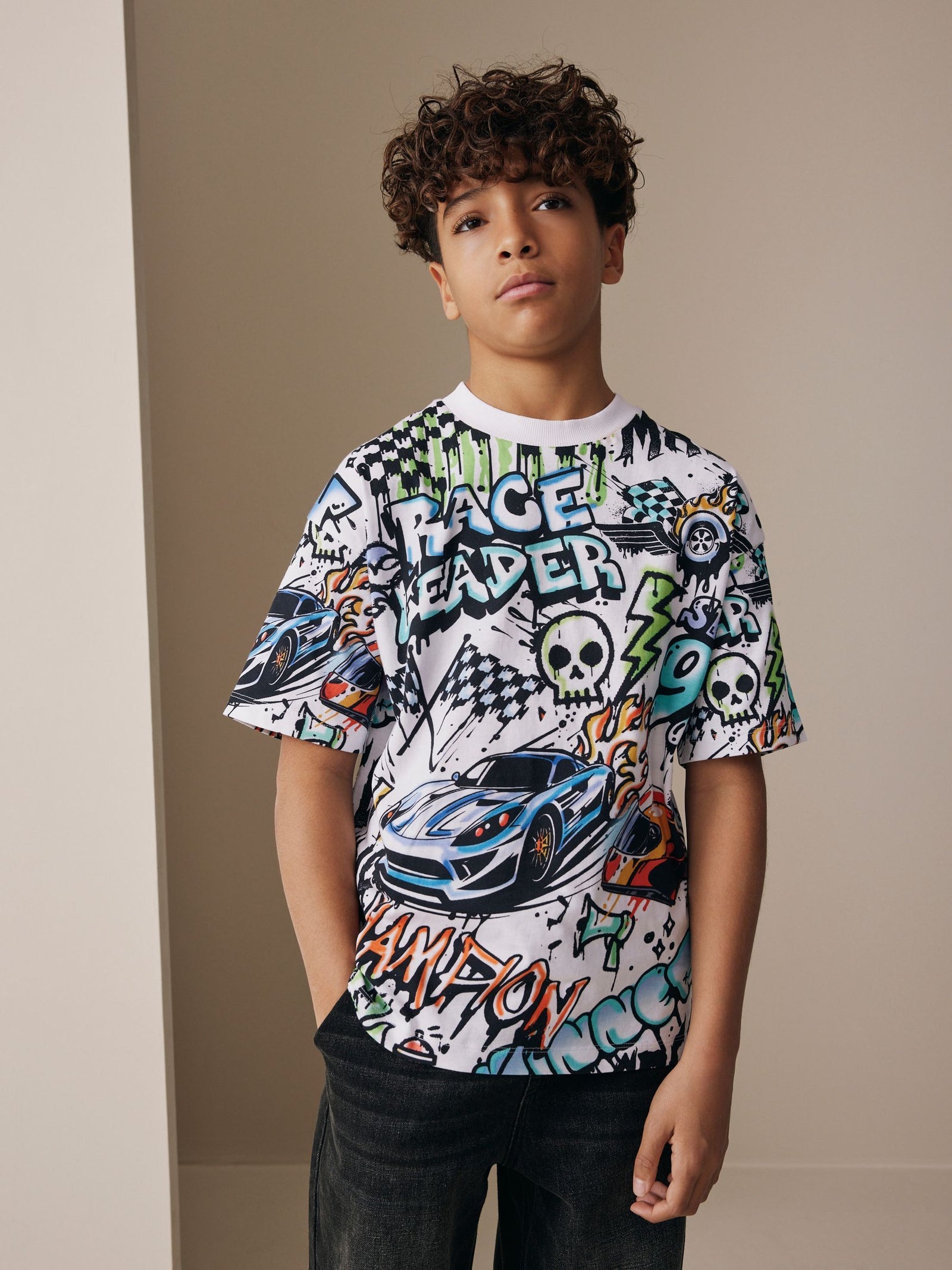White Racing Graffit Short Sleeve Graphic T-Shirt (3-16yrs)
