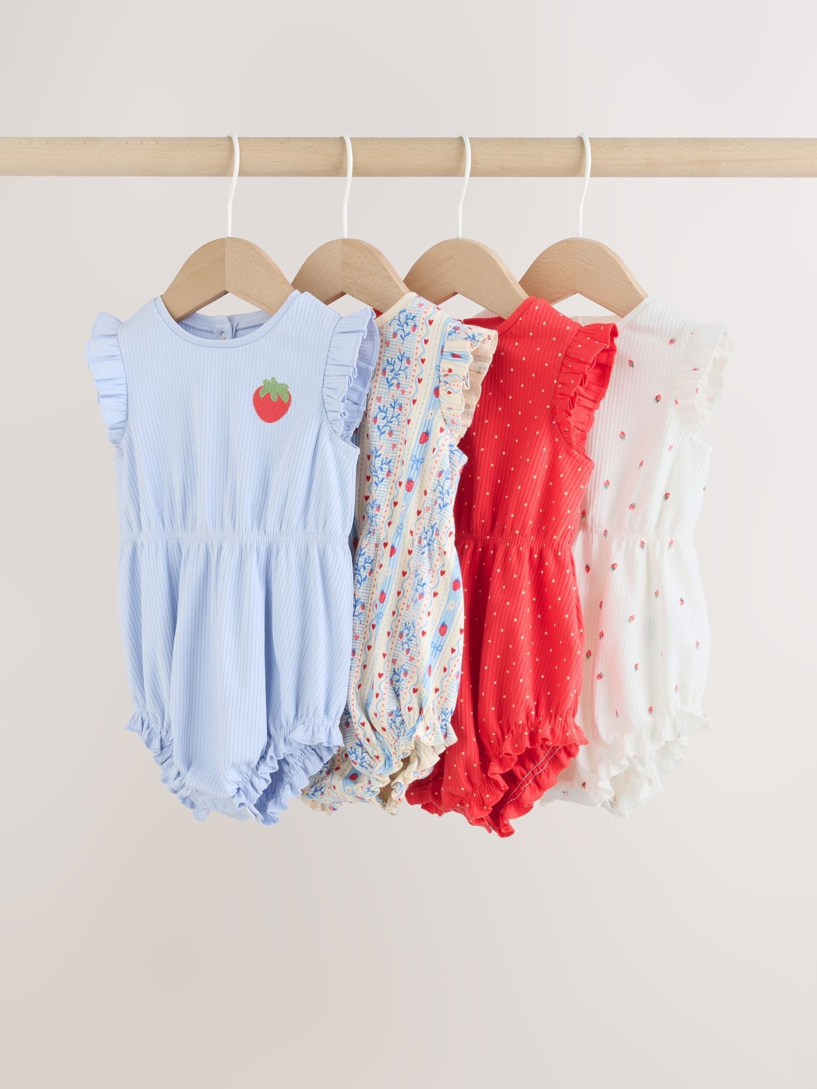 Blue Strawberry Frill Shoulder Baby Rompers 4 Pack