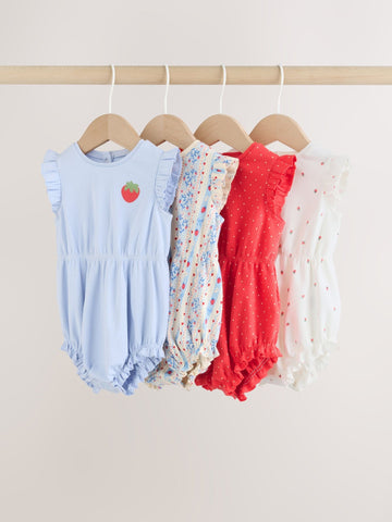 Blue Strawberry Frill Shoulder Baby Rompers 4 Pack