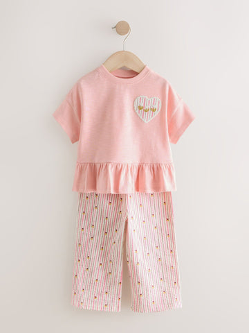 Pink Short Sleeve Peplum T-Shirt and Wide Leg Trousers Set (3mths-7yrs)