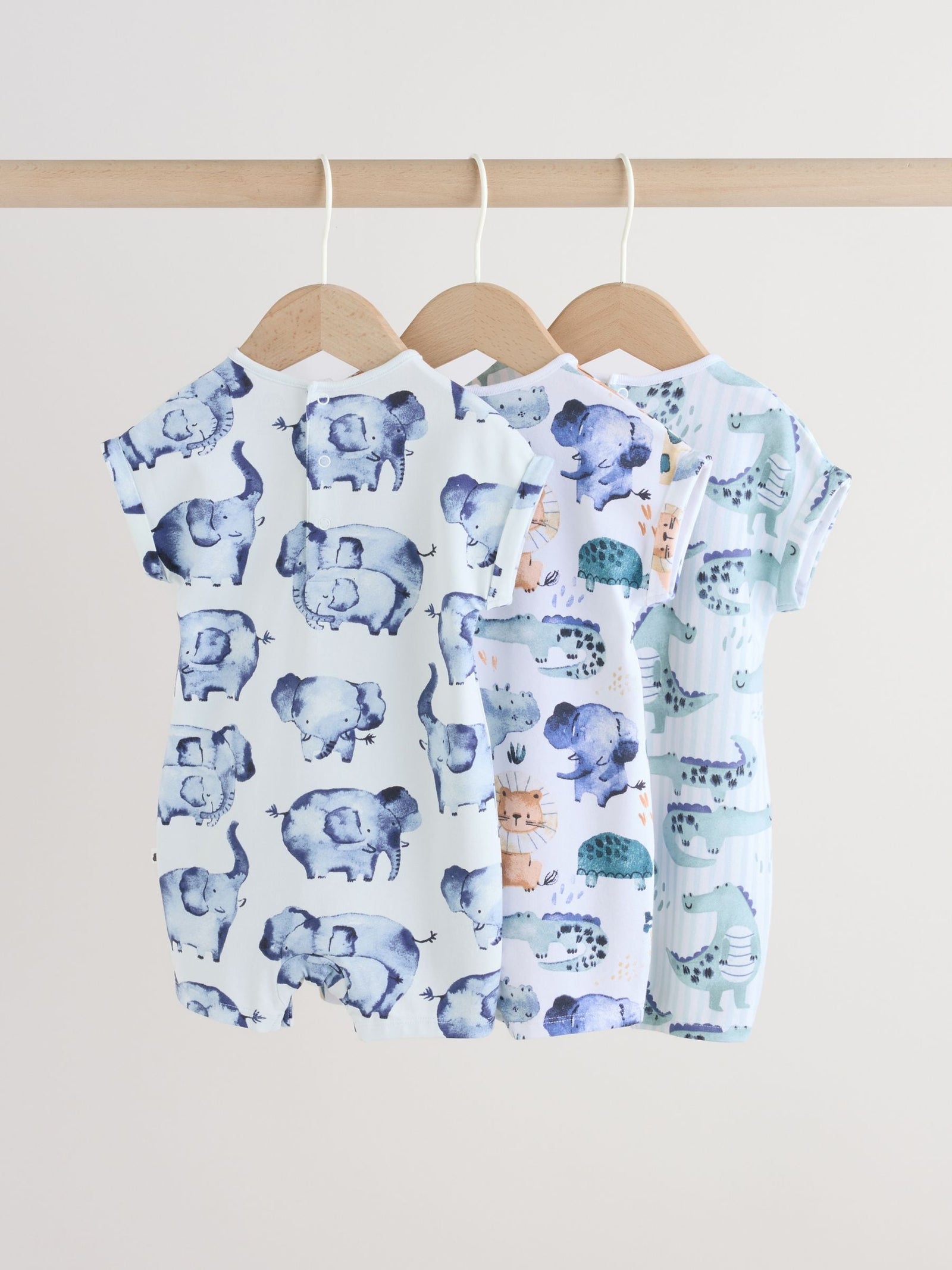 Blue Watercolour Animal Printed Popper Baby Jersey Rompers 3 Pack