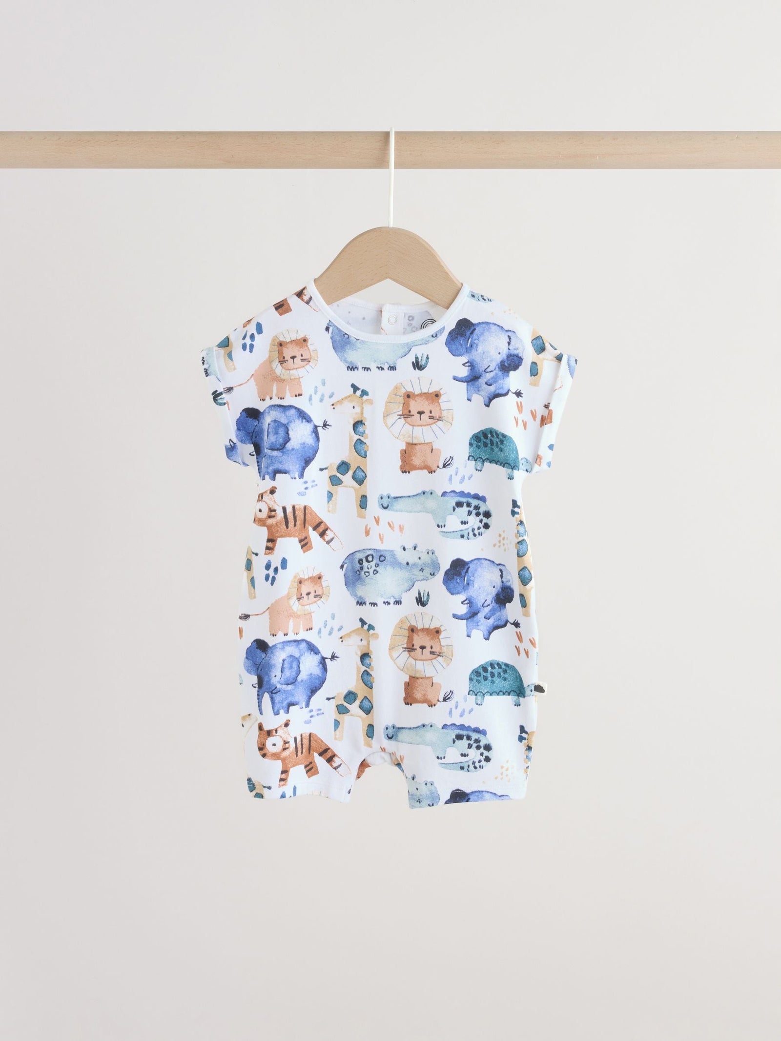 Blue Watercolour Animal Printed Popper Baby Jersey Rompers 3 Pack