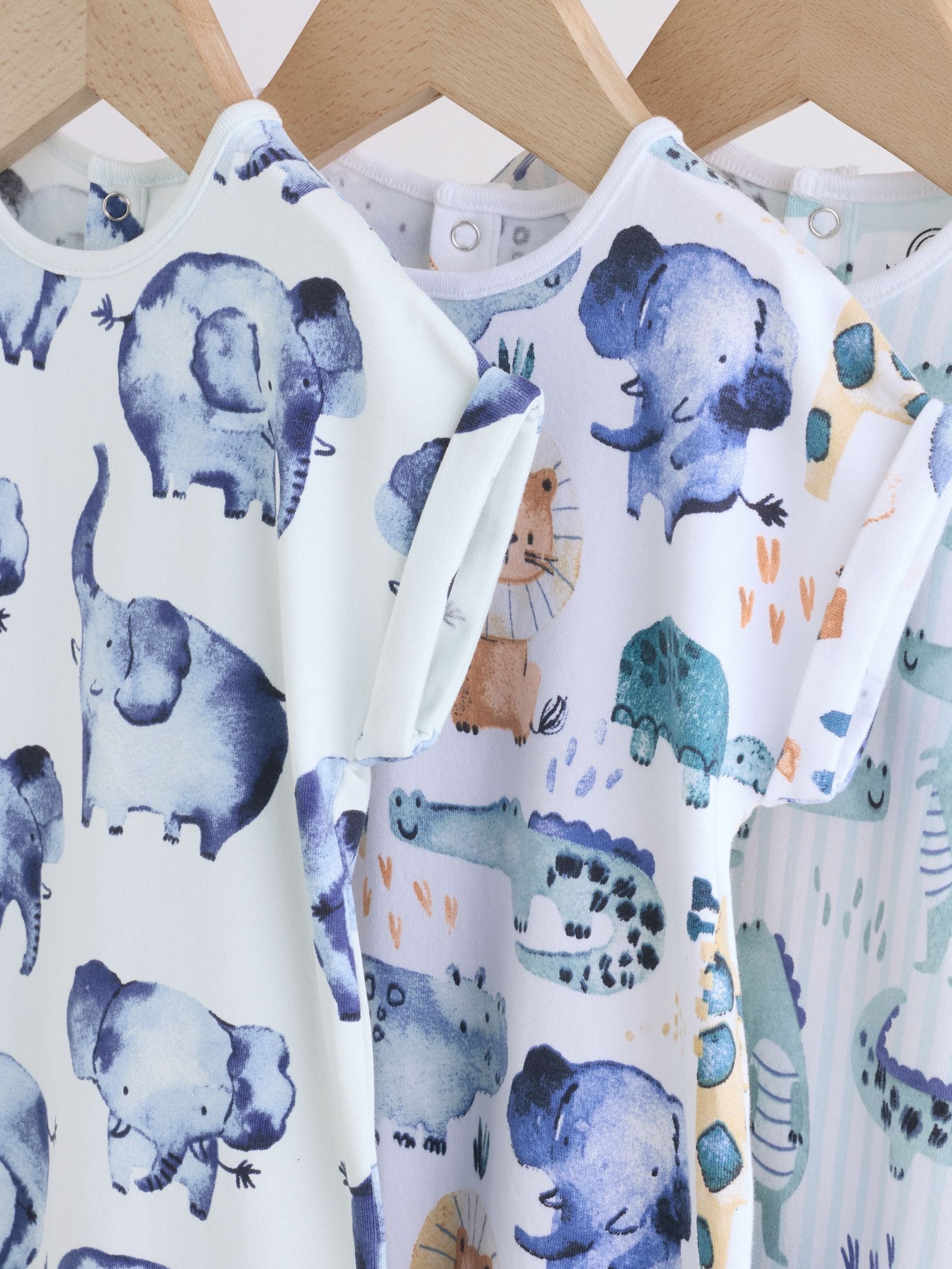 Blue Watercolour Animal Printed Popper Baby Jersey Rompers 3 Pack