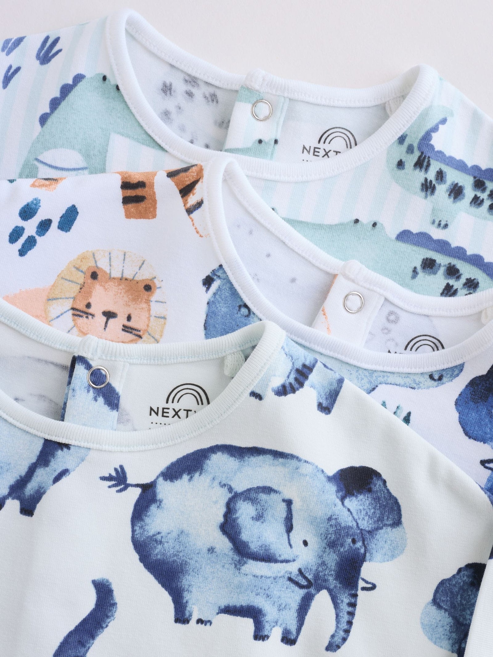 Blue Watercolour Animal Printed Popper Baby Jersey Rompers 3 Pack