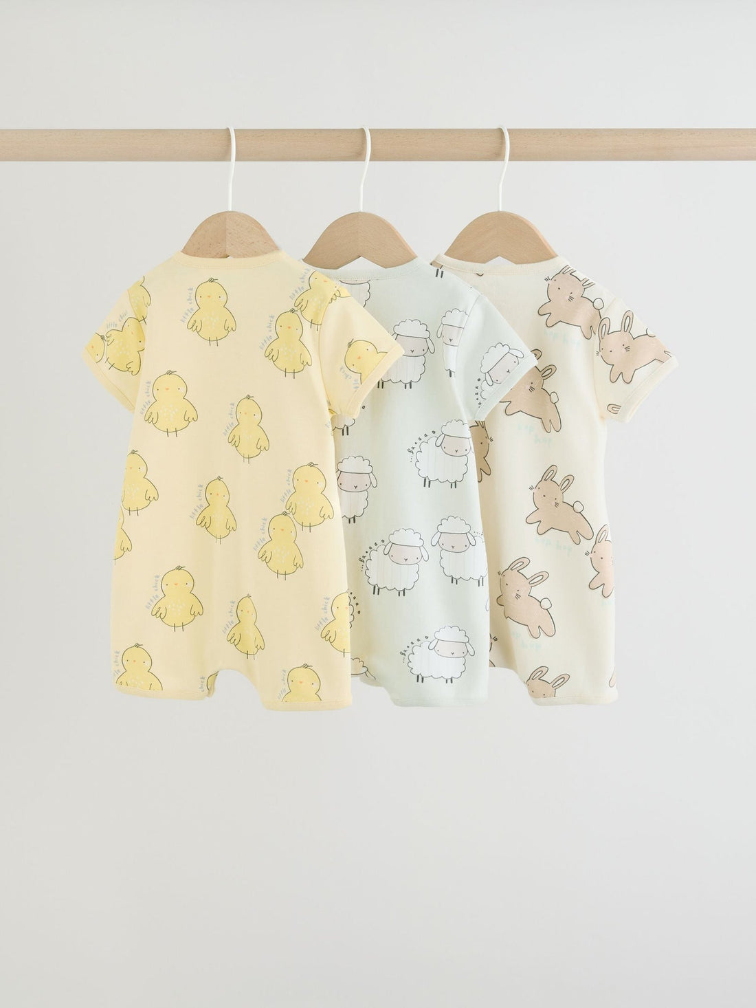 Yellow Spring/Character Button Through Baby Jersey Rompers 3 Pack
