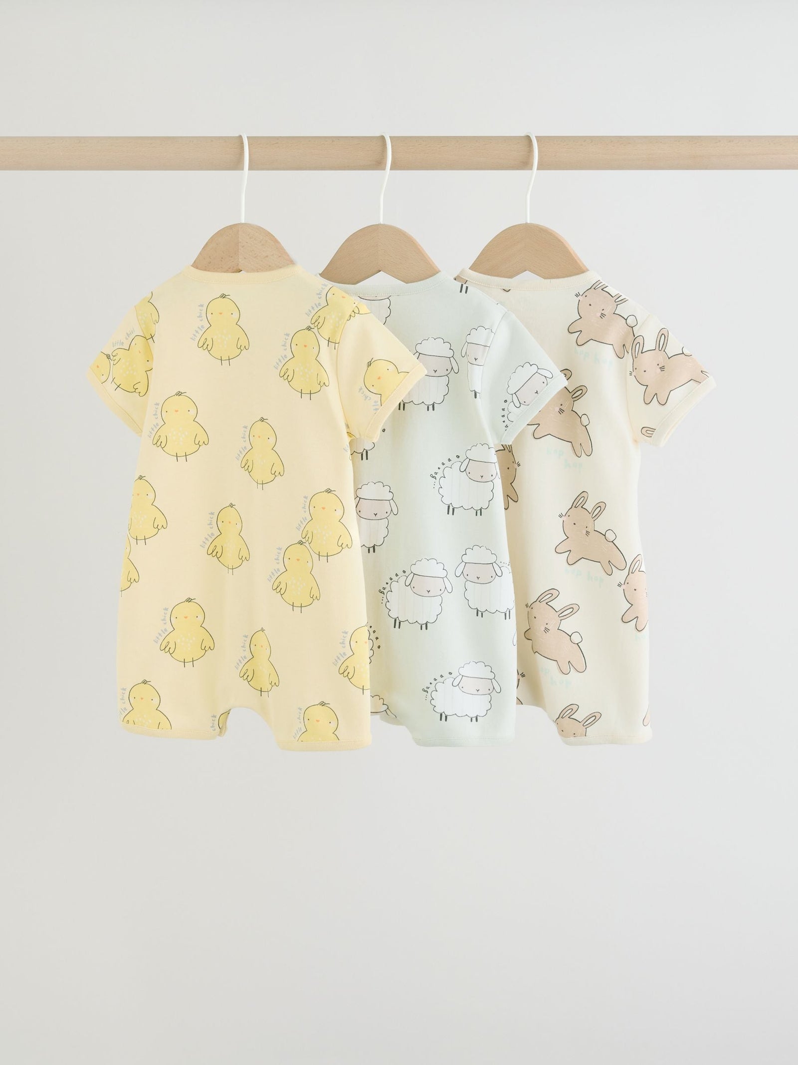 Yellow Spring/Character Button Through Baby Jersey Rompers 3 Pack