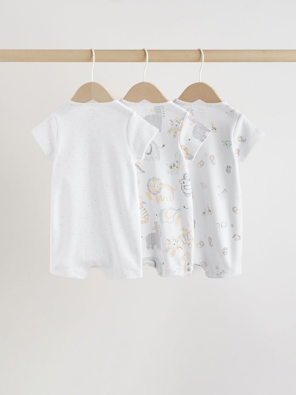 White Safari Animal Embroidered Jersey Baby Rompers 3 Pack