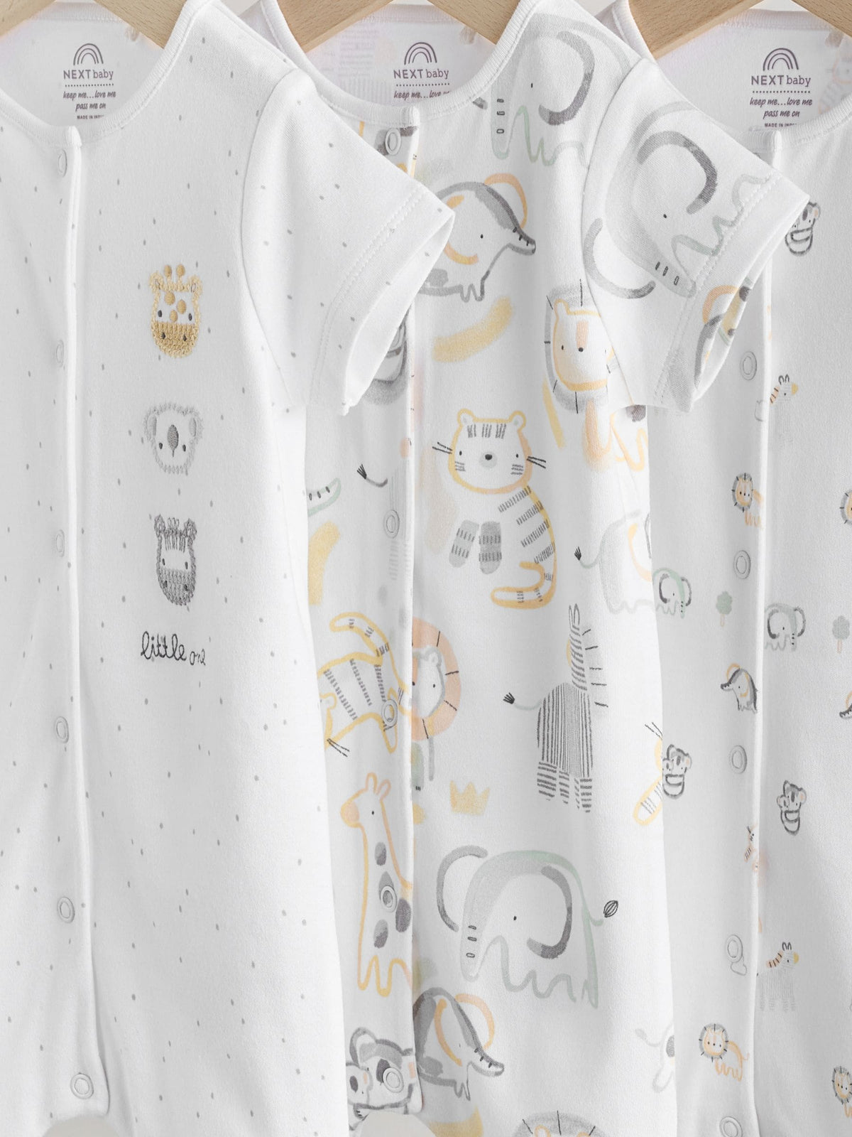 White Safari Animal Embroidered Jersey Baby Rompers 3 Pack