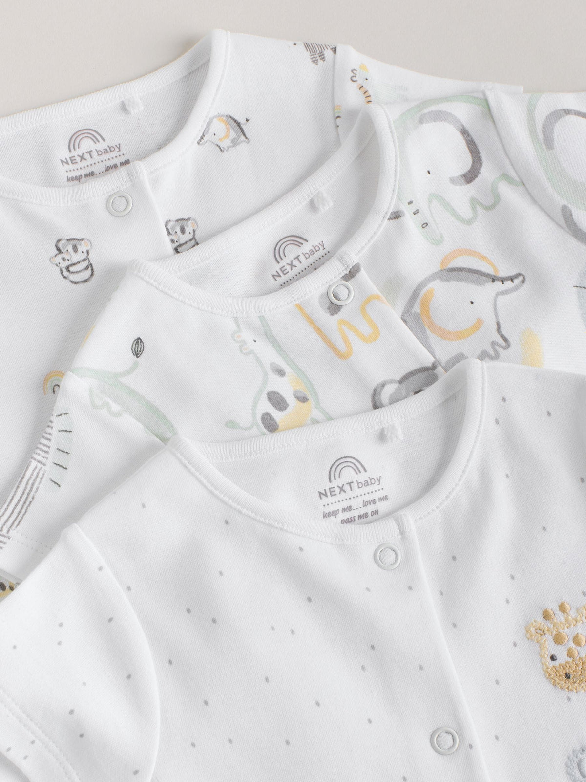 White Safari Animal Embroidered Jersey Baby Rompers 3 Pack