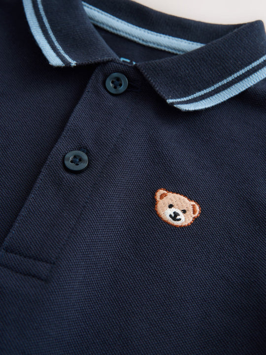 Navy Blue Bear Embroidery Short Sleeve Polo Shirt (3mths-7yrs)