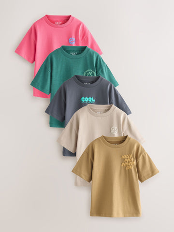 Green/Charocal/Stone/Pink/Brown Small Short Sleeve Graphic T-Shirts 5 Pack (3mths-7yrs)