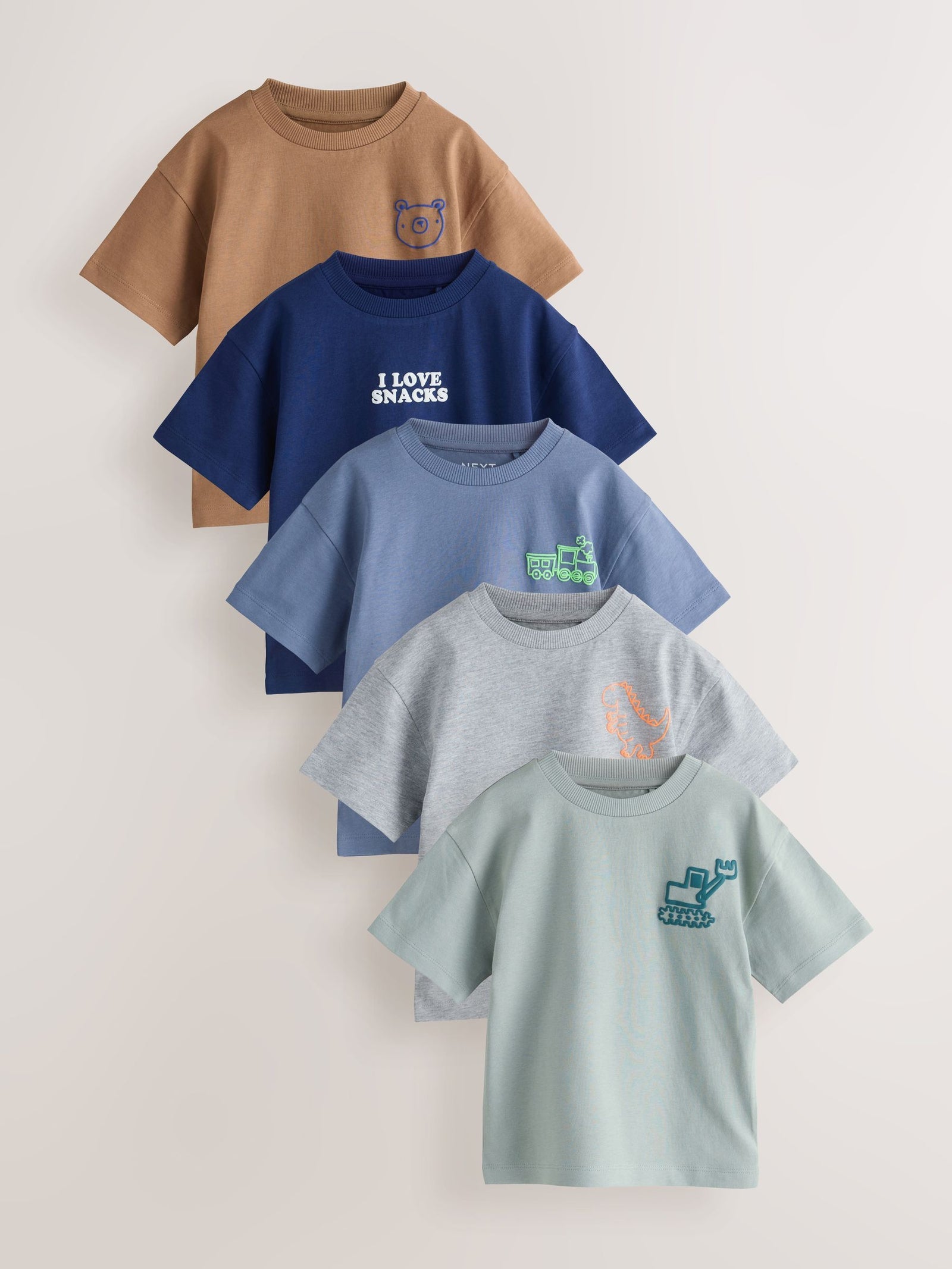 Blue/Charcoal/Green/Brown/Grey Small Short Sleeve Graphic T-Shirts 5 Pack (3mths-7yrs)