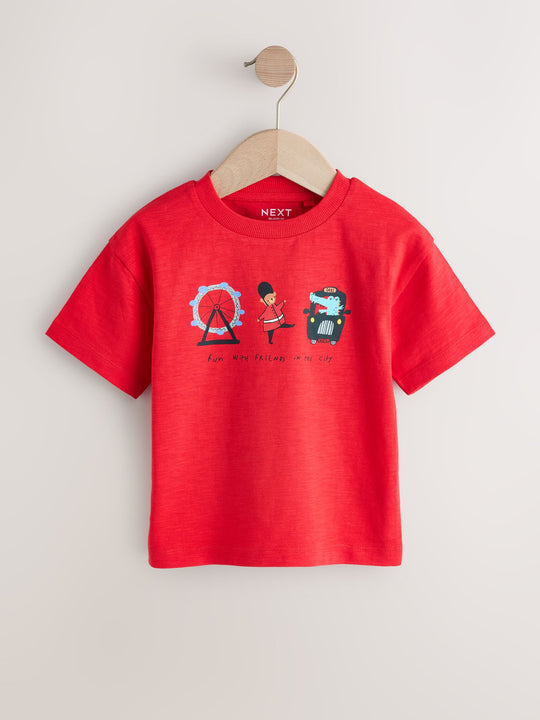 Red/Blue London Short Sleeve All Over Graphic Print T-Shirts 3 Pack (3mths-7yrs)