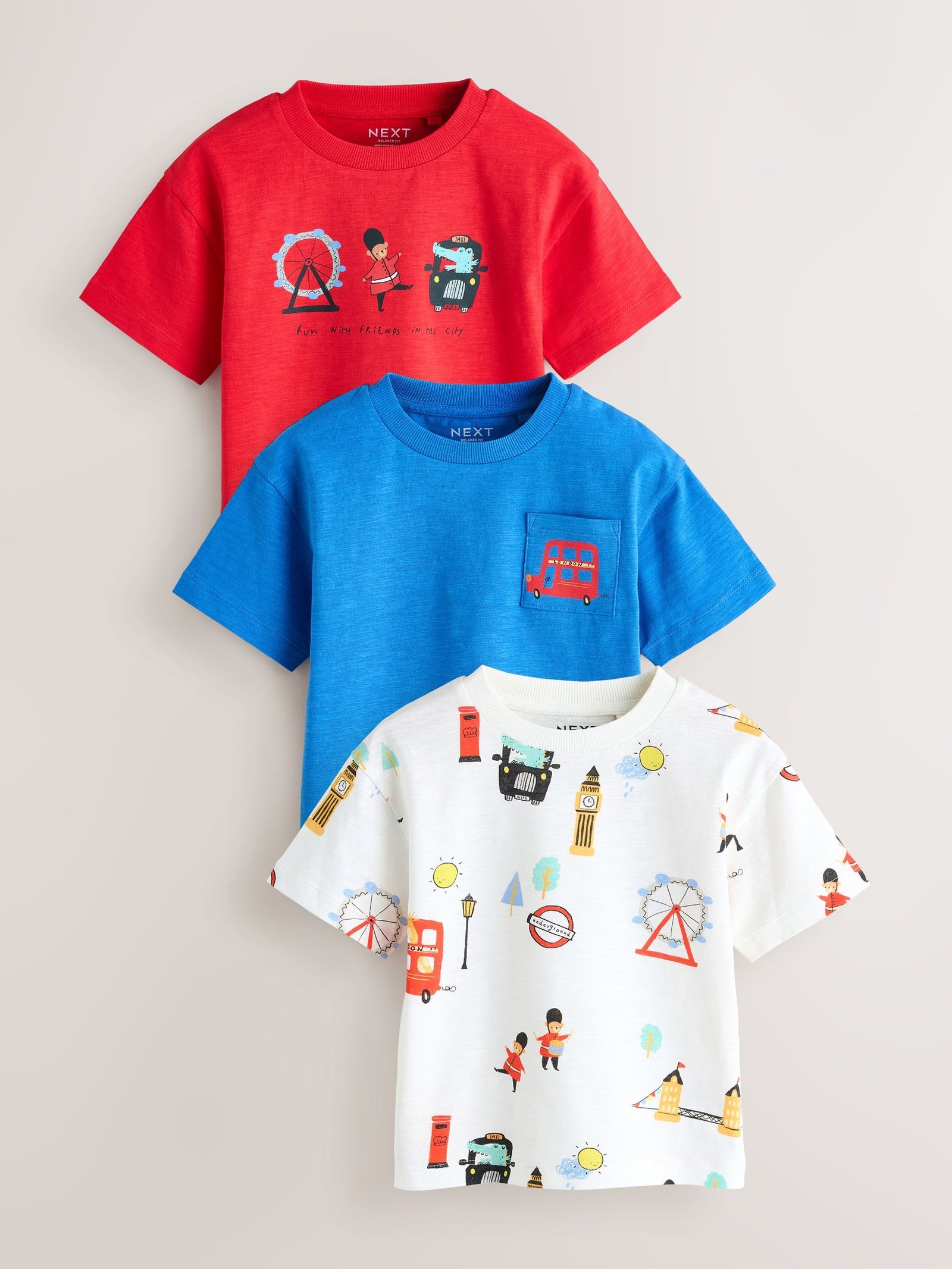 Red/Blue London Short Sleeve All Over Graphic Print T-Shirts 3 Pack (3mths-7yrs)