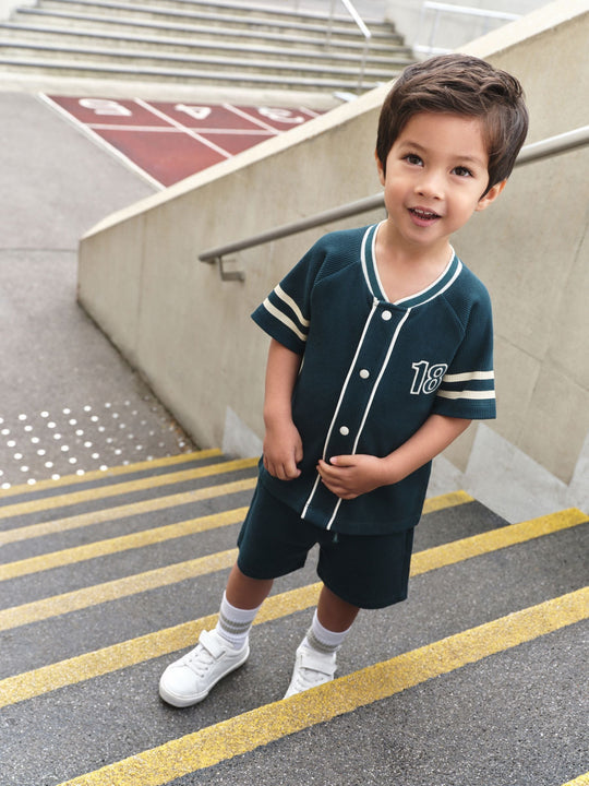 Teal Blue Short Sleeve Varsity Shorts Set (3mths-7yrs)