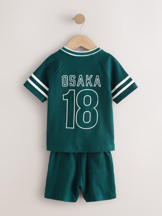 Teal Blue Short Sleeve Varsity Shorts Set (3mths-7yrs)