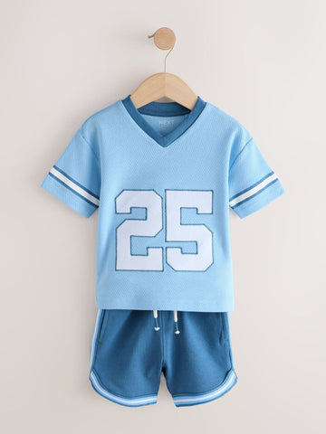 Light Blue Short Sleeve Varsity Shorts Set (3mths-7yrs)