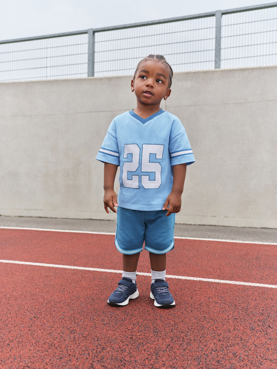 Light Blue Short Sleeve Varsity Shorts Set (3mths-7yrs)