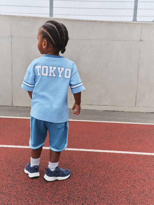 Light Blue Short Sleeve Varsity Shorts Set (3mths-7yrs)