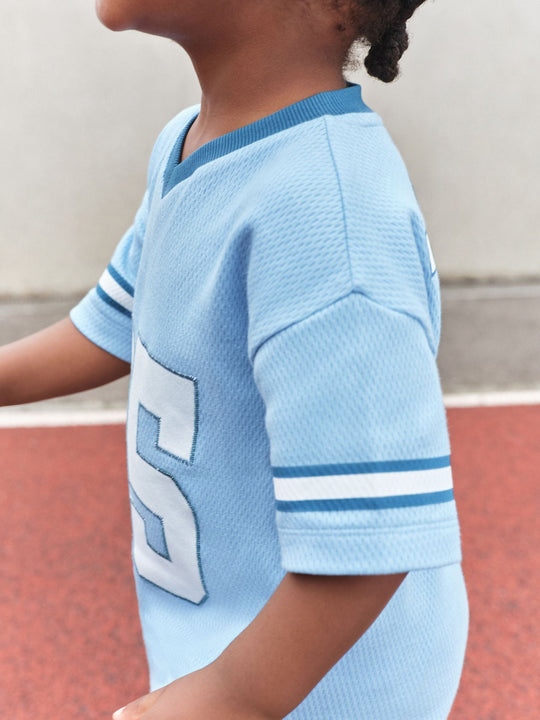 Light Blue Short Sleeve Varsity Shorts Set (3mths-7yrs)