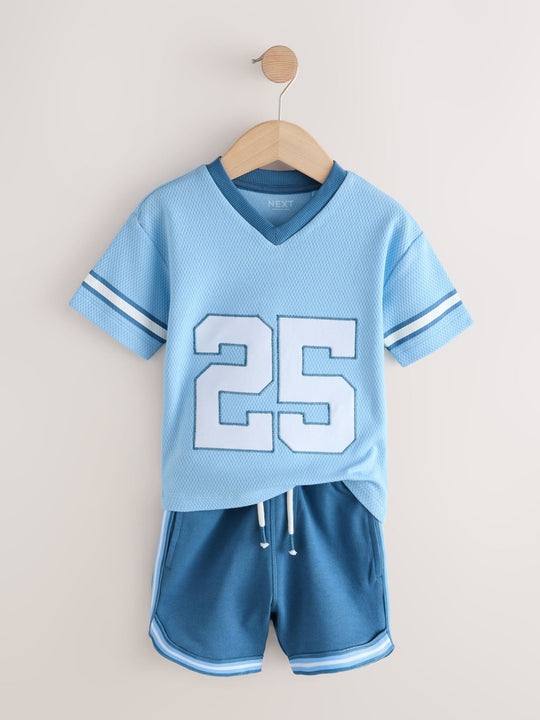 Light Blue Short Sleeve Varsity Shorts Set (3mths-7yrs)