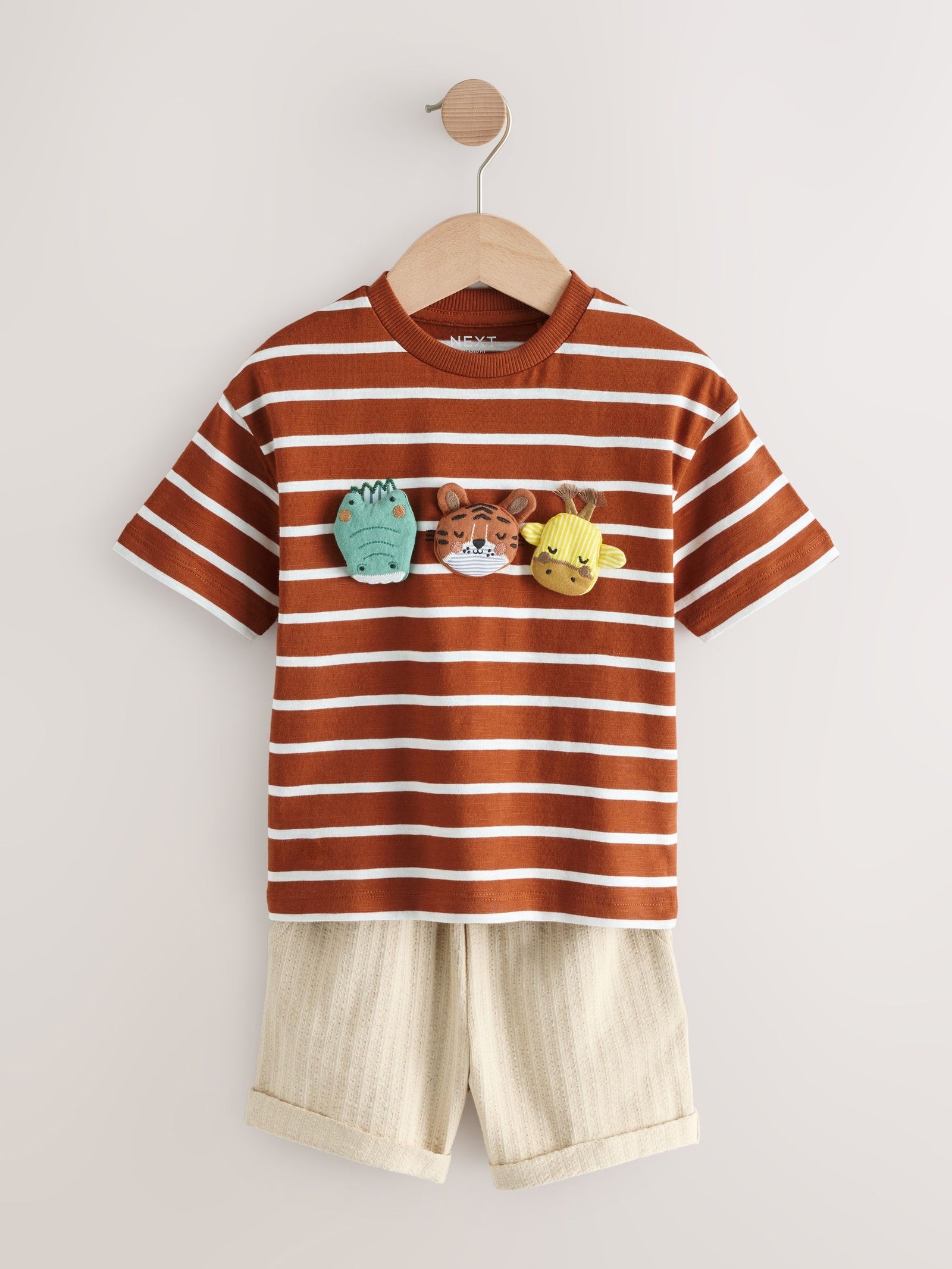 Rust Brown Stripe Padded Animals Short Sleeve T-Shirt and Shorts Set (3mths-7yrs)
