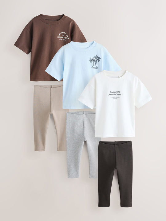 Blue/White/Brown Short Sleeve Top and Leggings Set 3 Pack (3mths-7yrs)