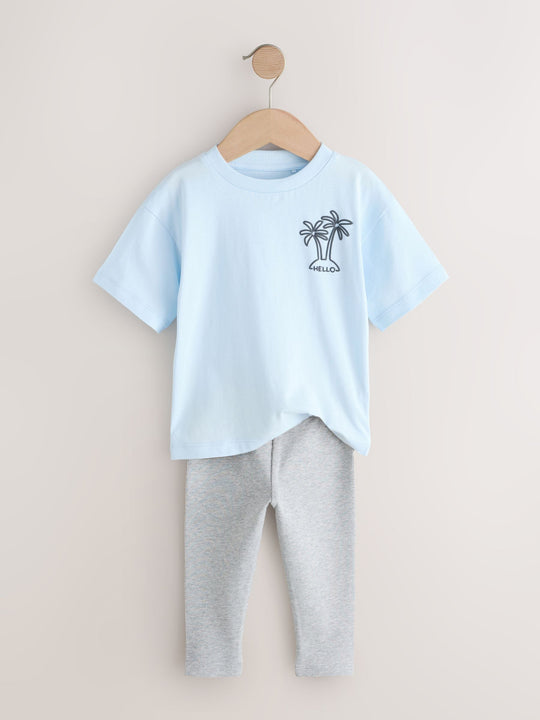 Blue/White/Brown Short Sleeve Top and Leggings Set 3 Pack (3mths-7yrs)