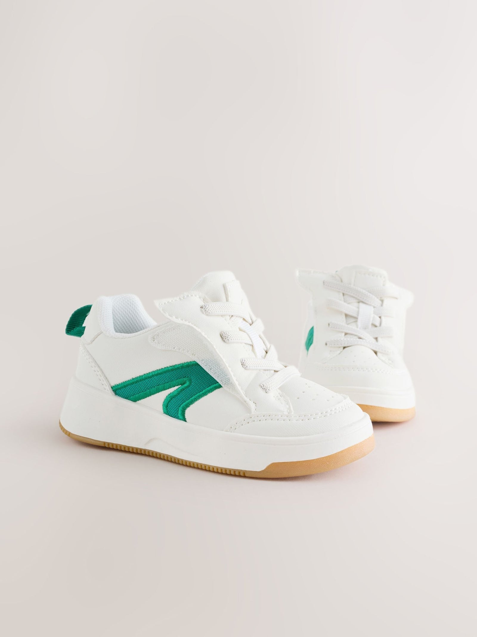 White/Green Wide Fit (G) Touch Fastening Elastic Lace Trainers