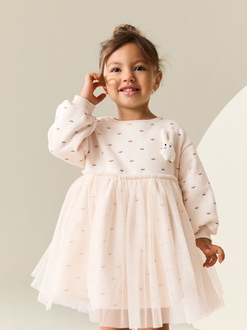 Cream Bunny Mesh Skirt Sweat Dress (3mths-7yrs)