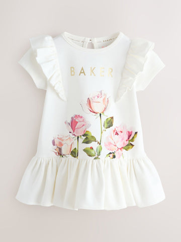 Baker by Ted Baker White Rose Print Frill Peplum Hem Dress