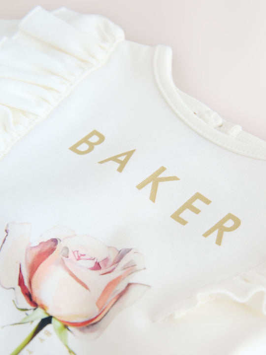 Baker by Ted Baker White Rose Print Frill Peplum Hem Dress