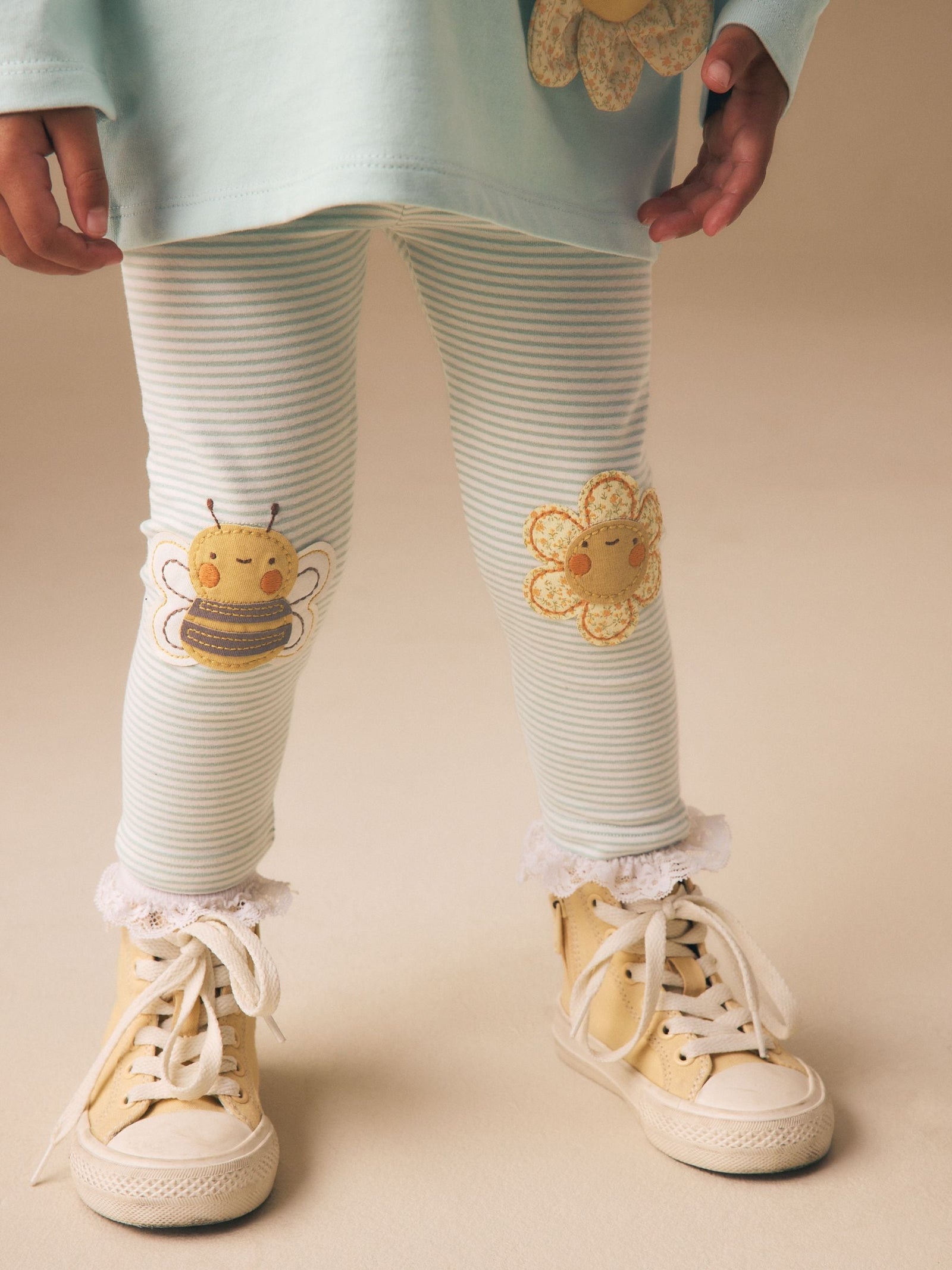 Green/Ecru Stripe Bee Embellished Leggings (3mths-7yrs)