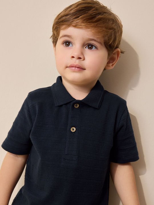 Navy Short Sleeve Textured Polo Shirt and Shorts Set (3mths-7yrs)