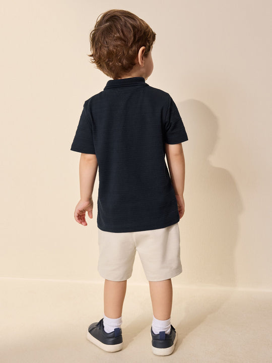 Navy Short Sleeve Textured Polo Shirt and Shorts Set (3mths-7yrs)