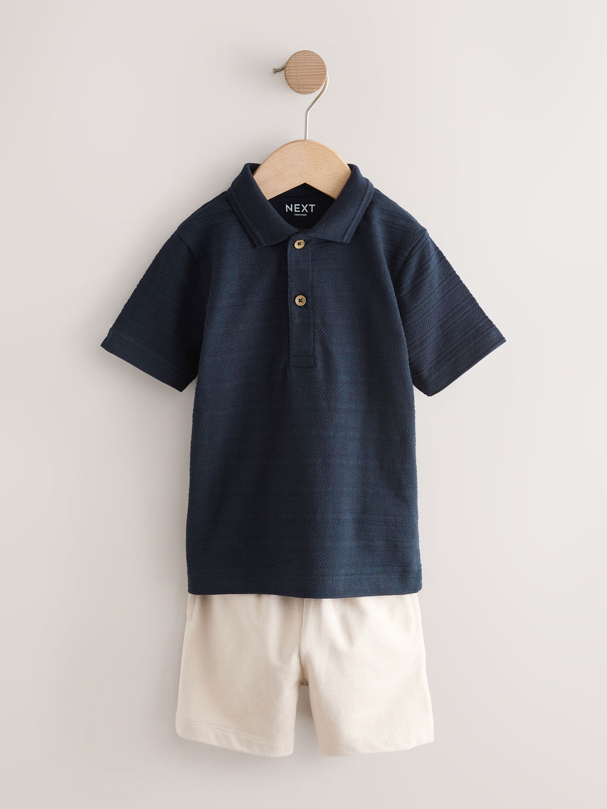Navy Short Sleeve Textured Polo Shirt and Shorts Set (3mths-7yrs)