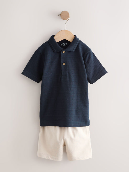 Navy Short Sleeve Textured Polo Shirt and Shorts Set (3mths-7yrs)